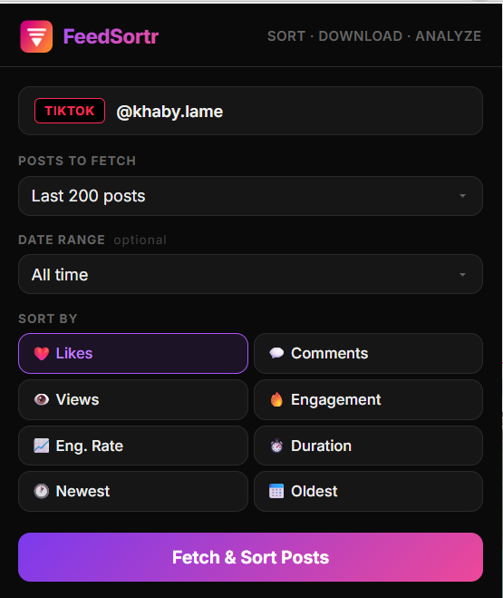 FeedSortr Chrome extension popup showing TikTok profile @khaby.lame with sort options